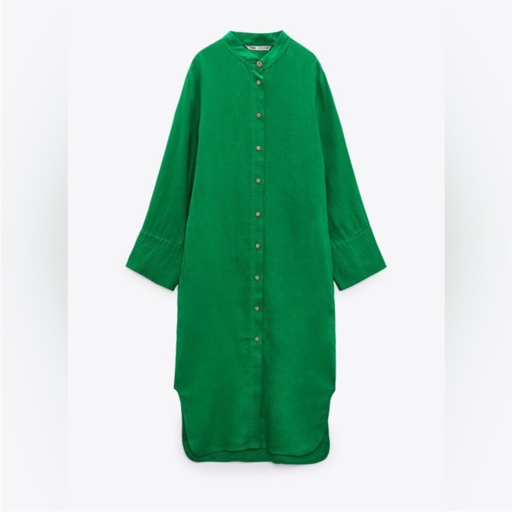 Zara Green Linen Longline Long Sleeve Tunic Button Down Dress Cover Up Small - Picture 2 of 13